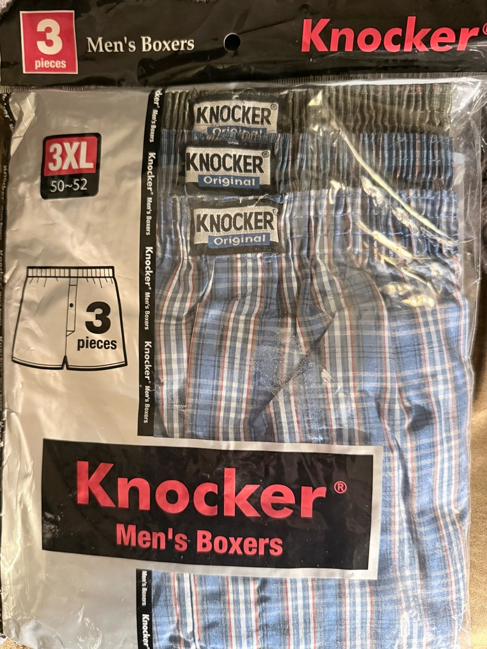 Knocker Men’s Boxers Three Pieces Classic Plaid Polyester Cotton Blend Size 3XL